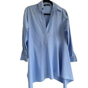 Zara Pinstripe Asymmetrical Hem Long Sleeve Layering Roomy Top Size Large